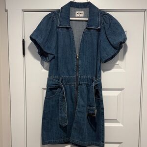 Denim Zip-Up Dress with Puff Sleeves